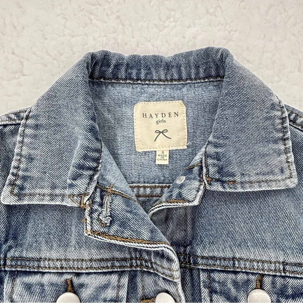 Hayden Girls Acid Wash Denim Jacket Raw Hem Ruffled Size Small 100% Cotton NWOT - Picture 4 of 10